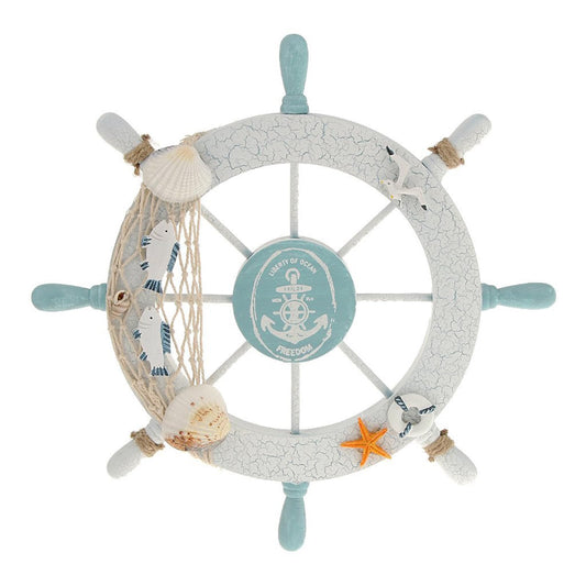 Rienar Nautical Beach Wooden Boat Ship Steering Wheel Fishing Net Shell Fish Home Wall Décor(11" Diameter)