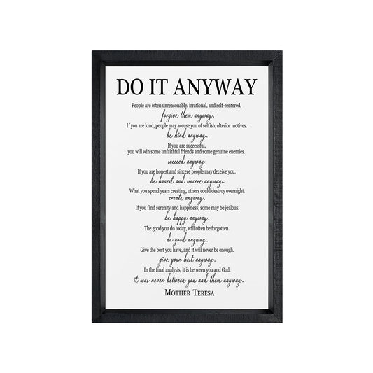 comurdyo Do It Anyway Wall Decor 16"x11" Mother Theresa Quotes Inspirational Sign Bible Verse Christian Motivational Modern Bedroom Vintage Wood Framed Farmhouse Wall Hanging Art (Black)