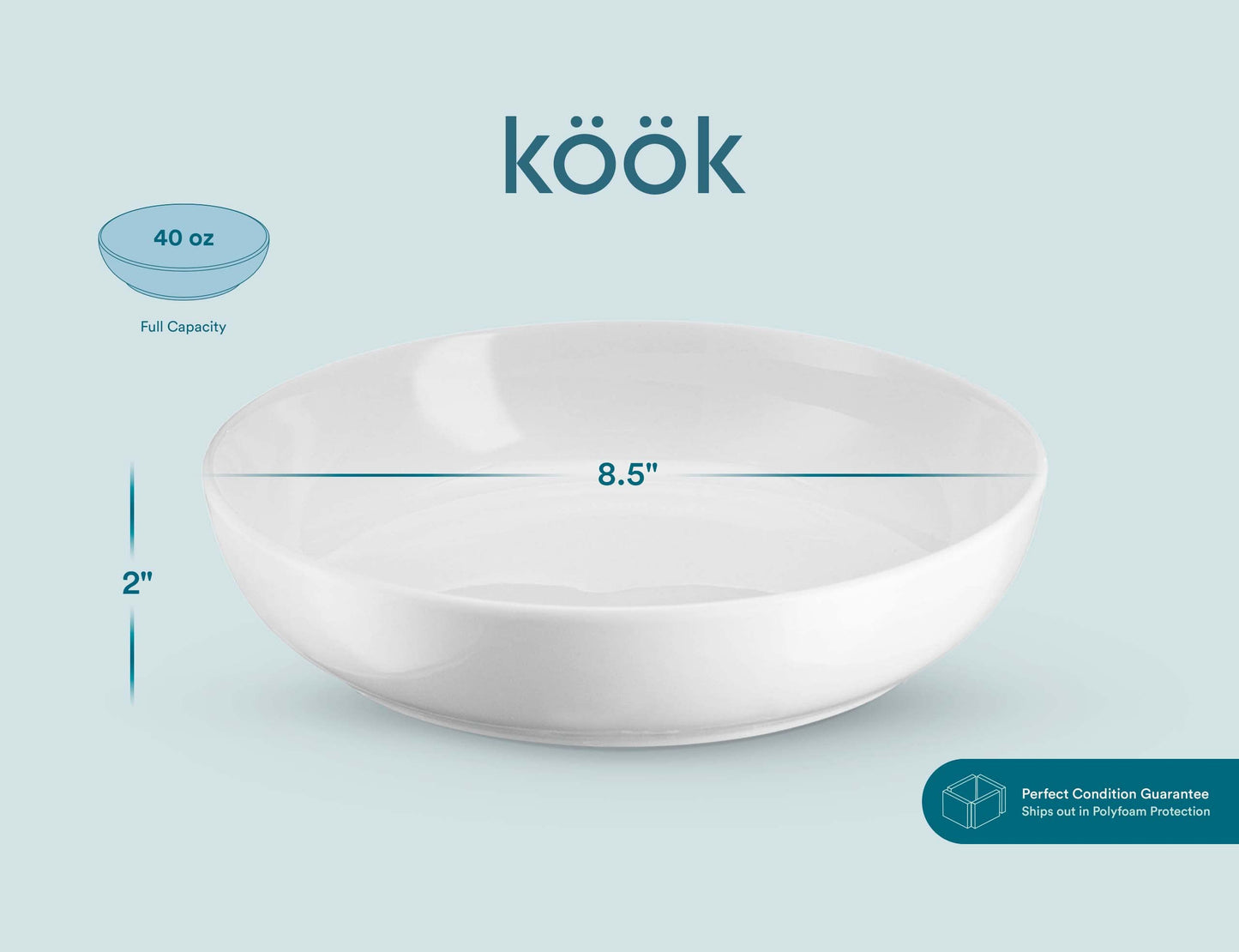 KooK Pasta Bowl, Salad Bowls, Bowls, Serving Bowls, Soup, Ceramic, Large Capacity, Microwave & Dishwasher Safe, Set of 4, 40 Oz, (White)