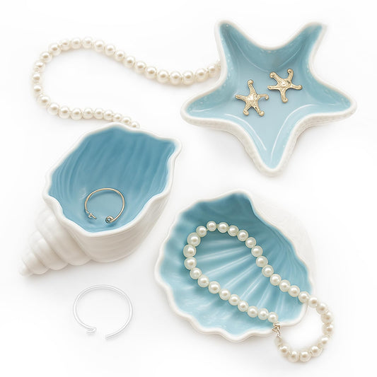 GeryVtee 3 Pcs Starfish Shape Ceramic Jewelry Tray Aqua Shell Trinket Dish Conch Shape Ceramic Jewelry Tray Ring Earring Holder Ocean Themed Trinket Plate Decorative Earring Rings Bracelet
