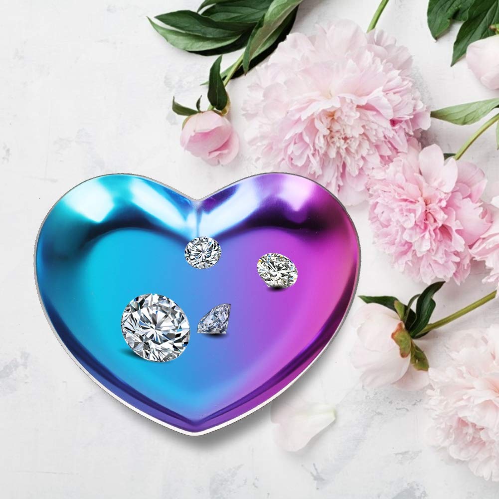 Stainless Steel Jewelry Tray, Heart Shaped Trinket Dish for Rings Earrings Necklaces Bracelet Watch Keys, Plate Tea Tray Fruit Tray Cosmetics Jewelry Organizer Box(Colorful)