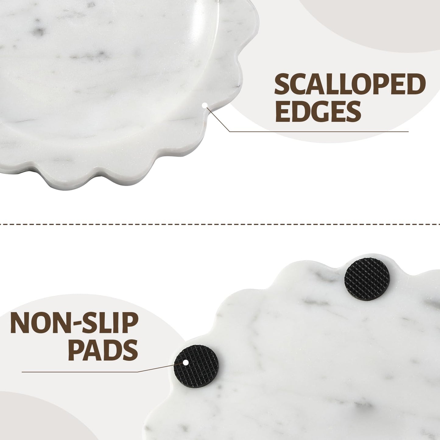 Koville 5.51" Scalloped Marble Tray, Round Stone Jewelry Trinket Dish for Ring, Natural Small Marble Tray for Bathroom Kitchen Dresser Countertop, Decorative Candle Tray(Bianco Carrara)