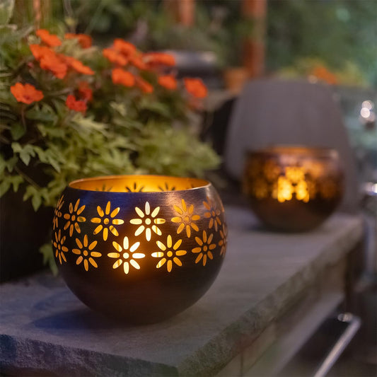 Solar Fire Bowl (1-Pack) Outdoor Waterproof Solar Lanterns - Metal Porch Lights with Flickering Flame for Tabletop, Patio, Garden & Landscape Decor (Bronze/Copper)