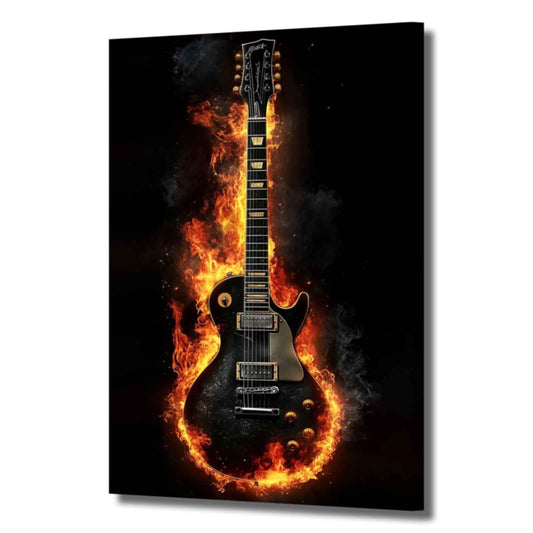 ZSHARTSWD Guitar Canvas Wall Art Fire Burning Electric Guitar Picture Abstract Musical Instrument Poster Print Jazz Music Painting for Bedroom Bar Decor Framed (Black, 18L x 12W)