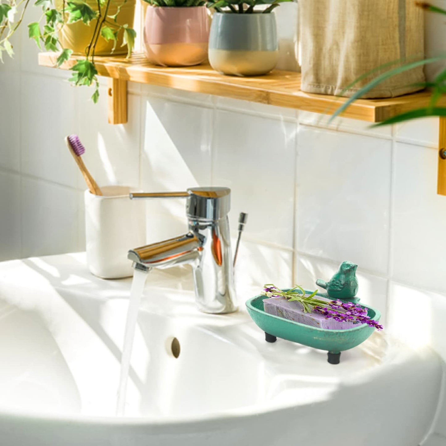 Sungmor Heavy Duty Cast Iron Hand Soap Holder - Lovely Bird Shaped & Antique Green Finish - Decorative Tabletop Soap Dish Tray for Kitchen Bathroom Sink - Practical Bath Soap Box Container