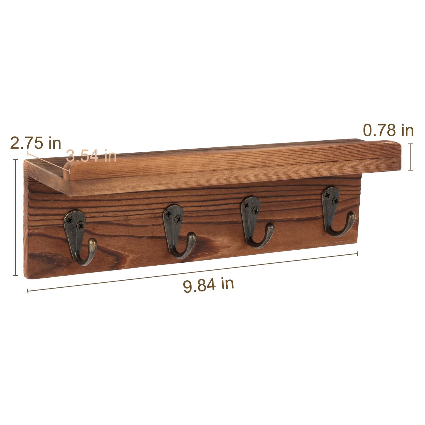 HRONRAD Rustic Key Holder for Wall, Farmhouse Wall Shelf with 4 Hooks, Wall Mounted Key Racks, Wooden Mail Organizer with Hooks for Entryway (Brown - Pine)