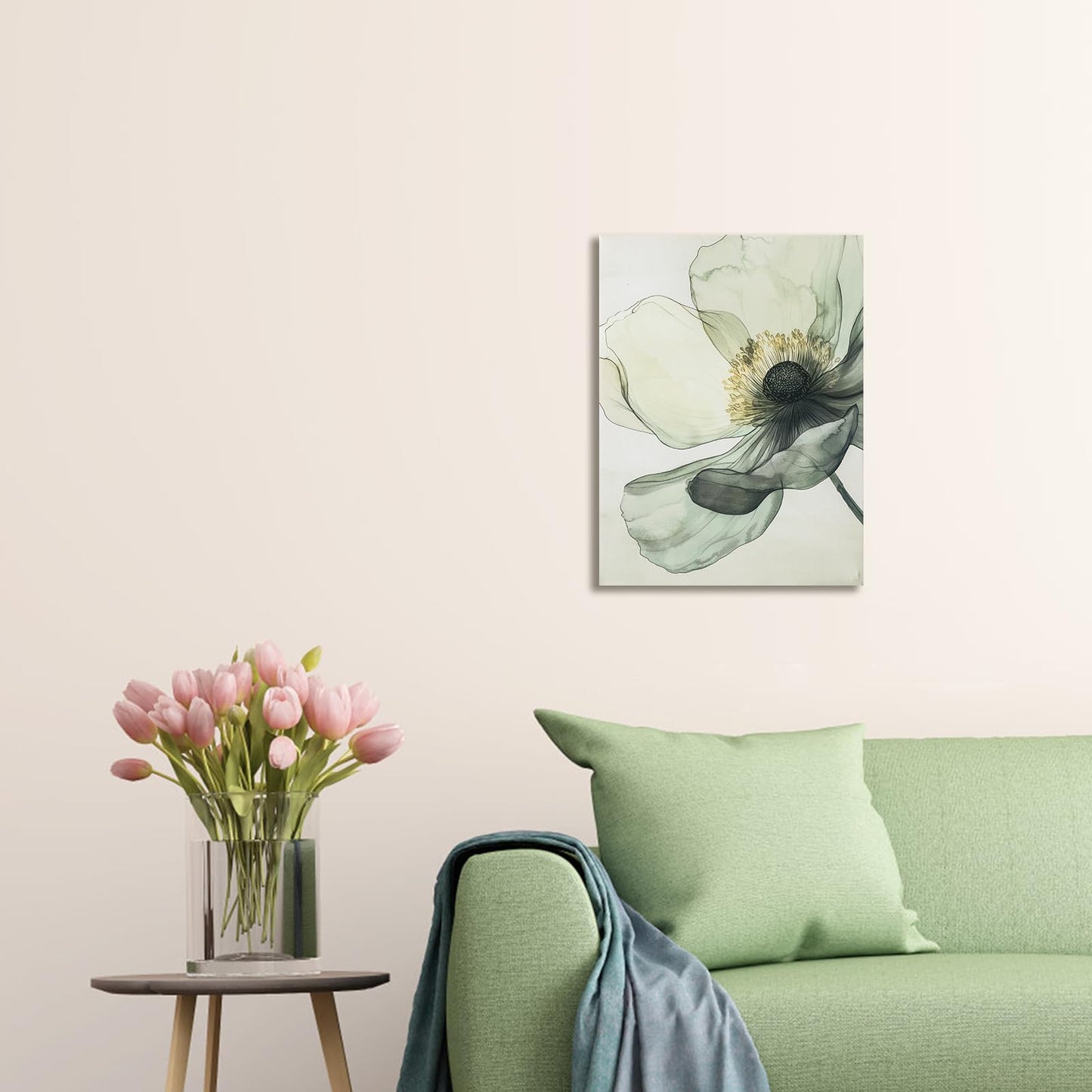 Sage Green Wall Art, flower pictures wall decor, Minimalist Modern Gold Green Canvas Artwork Paintings, Boho aesthetic canvas wall art for bedroom Bathroom Living room Office Decorations,12"x16"