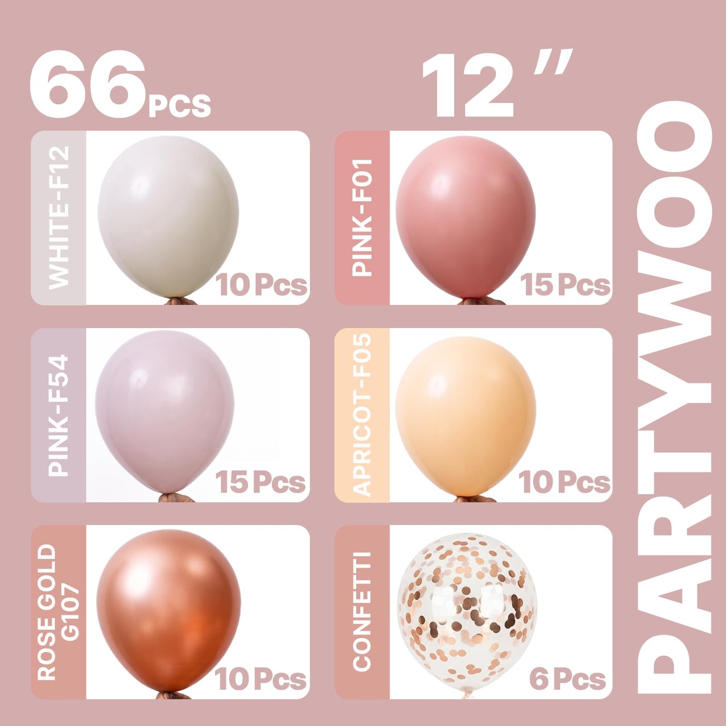 PartyWoo Dusty Pink Balloons 66pcs 12 Inch Blush Rose Pink Metallic Rose Gold Nude Boho White Sand Confetti Balloons for Baby Shower Birthday Gender Reveal Wedding Anniversary Party Decorations
