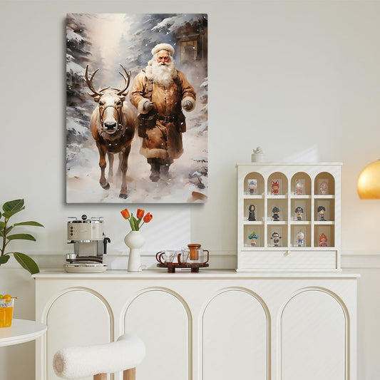 Gift for Christmas Posters Winter Canvas Prints Santa Claus Wall Art Reindeer Snowy Landscape Art Vintage Poster Christmas Holiday Winter Decor 11x14 Unframed