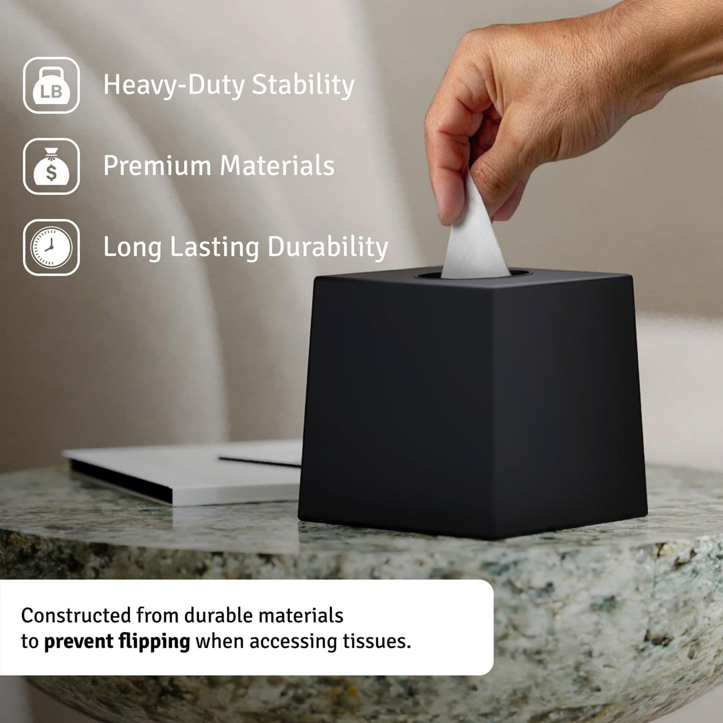 Creative Scents Black Tissue Box Cover Square - 1 Pack Plastic Cube Tissue Holder Dispenser - Decorative Facial Tissue Box Holder for Living Room, Office Desk - Vanity Countertop (5.5" x 5.5" x 5.6")