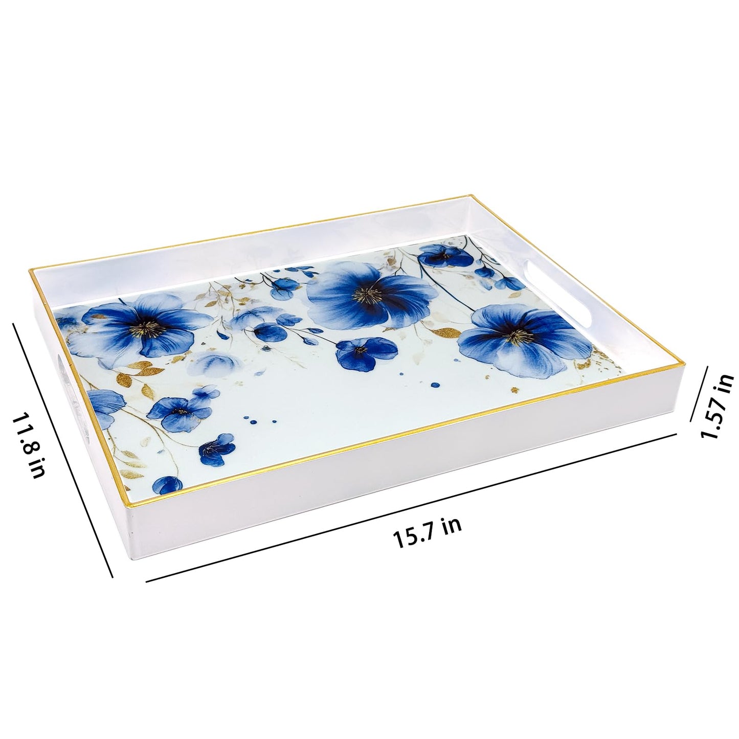 PDUHKO Serving Tray with Handles, 15.7 * 11.8 inches, Plastic Ottoman Tray with Exquisite Paintings, Trays for Coffee Table