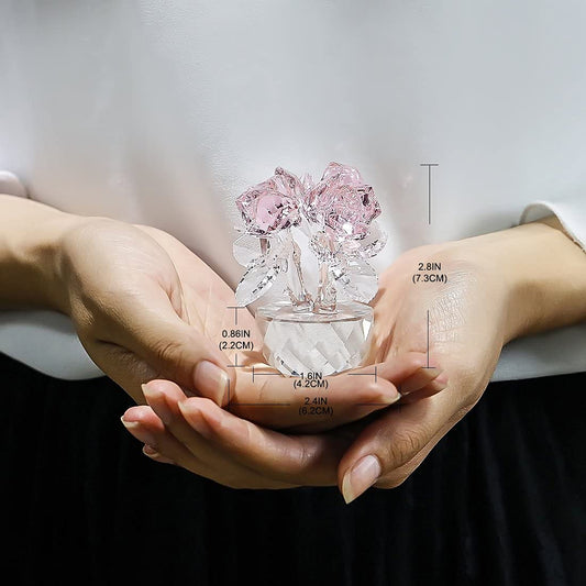 QFkris Pink Crystal Rose Bouquet Flower Figurine for Home Decor 2.8" Glass Flowers Ornament Collection for Women Valentines Day Thanksgiving,Christmas,Mother's Day