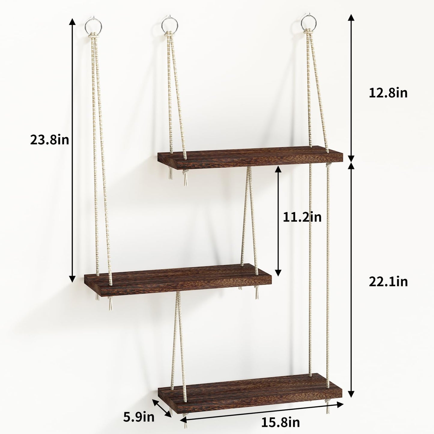 Fixwal Hanging Shelves for Wall, 3 Tier Boho Wall Decor Hanging Plant Shelf Floating Shelves Rope Rustic Wood Organizer Storage Hanger Rack for Aesthetic Home Bedroom Kitchen Bathroom - Dark Brown
