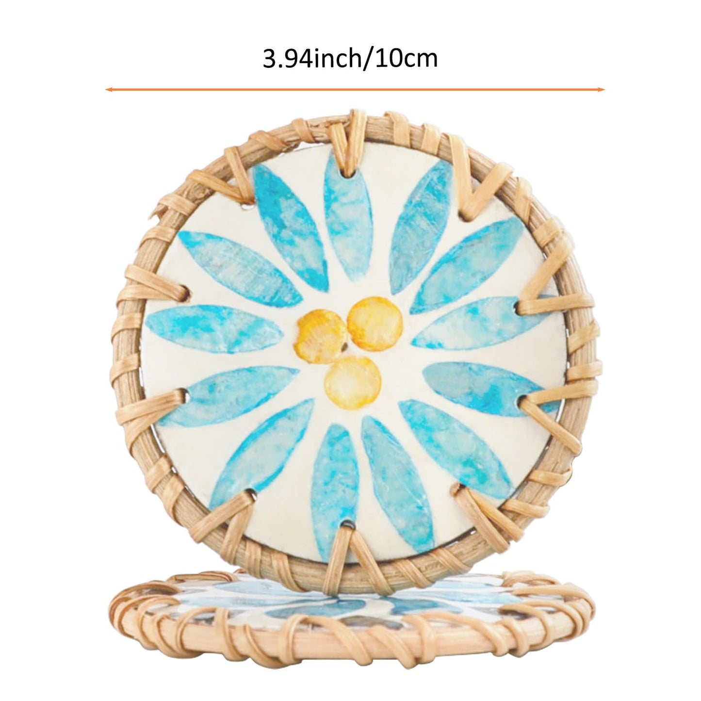 HAIJSEVR Coasters Set of 6, Boho Rattan and Mother of Pearl Unique Drink Coasters for Coffee Table, Ideas Handmade Aesthetic Home Wall Decor House Warming Gift for New Home