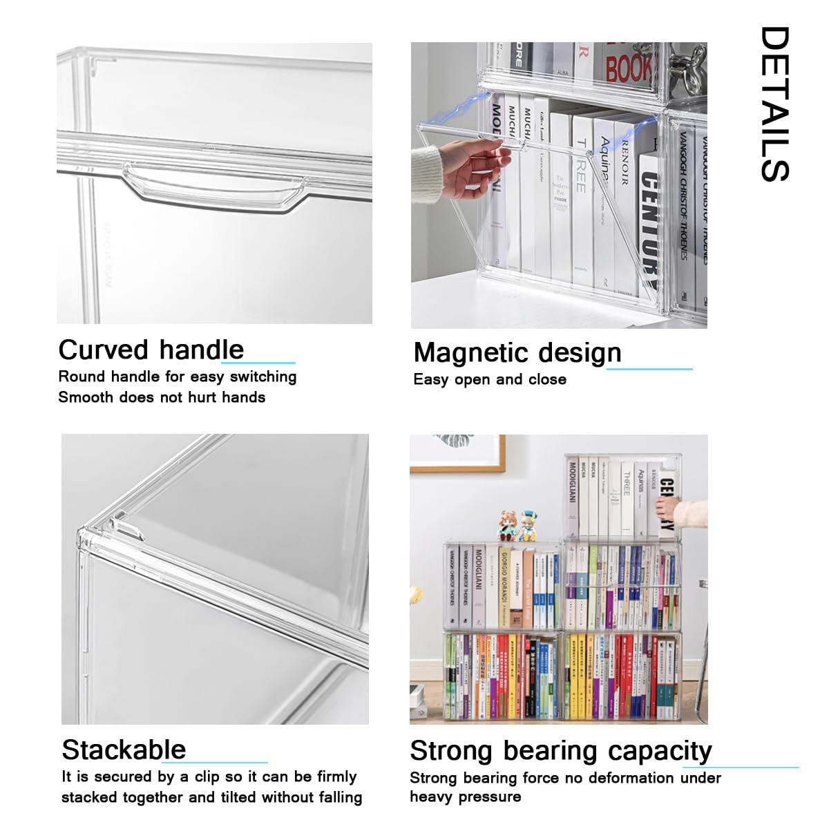 Clear Acrylic Bookcase, Book Organizer Box, Portable Book Containers with Magnetic Door, Stackable Display Case for Purses Handbags Dolls Toys Shoes(Clear, 14.17" ×10.63"×8.66")