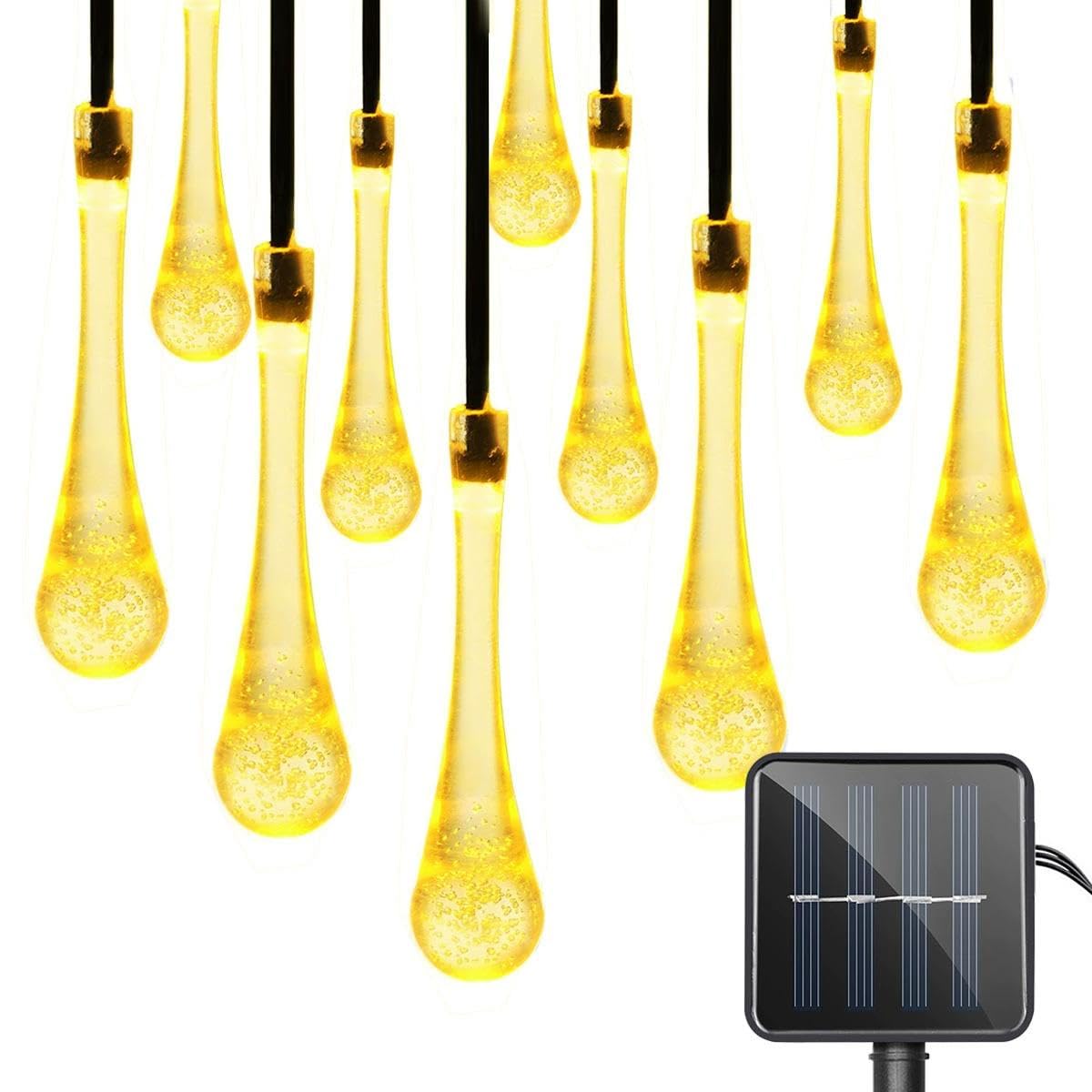 EONSMN Solar String Lights Outdoor Waterproof 19.6 Feet 30LED 8 Functions,Teardrop Water Drop Solar Lights, Garden Terrace Patio Tree Party Christmas Decoration (Warm White)