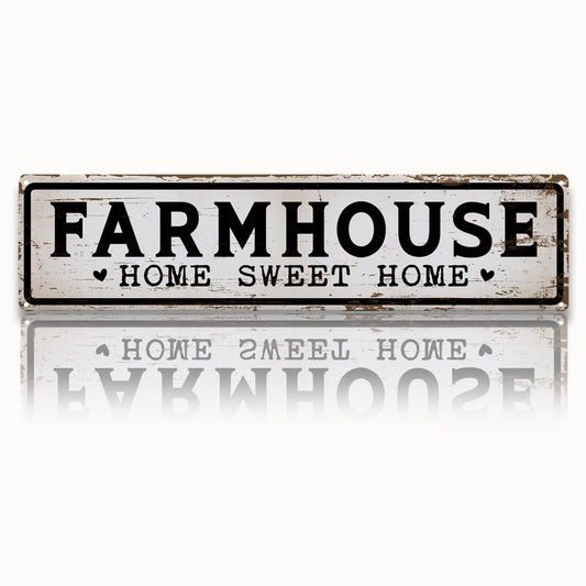 Farmhouse Decor Metal Tin Sign, Farmhouse Home Sweet Home Sign, Vintage Rustic Wall Plaque, Hanging for Entryway Porch Kitchen Barn Fence Door, 15.7x3.9 Inches