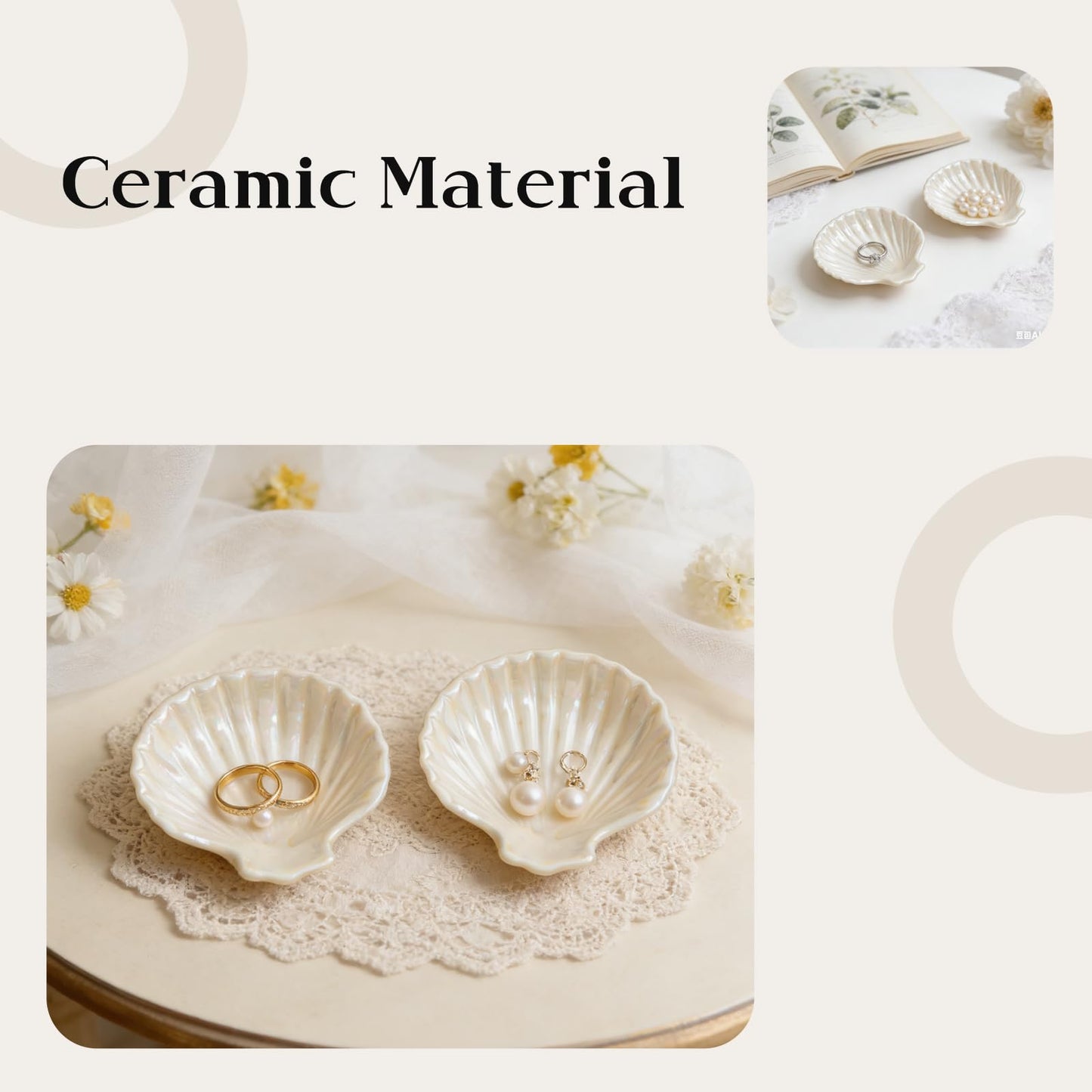 HPZIHYNAP Jewelry Plate Set of 2 Ceramic Shell-Shaped Ring Dishes 3.9-inch Ring Dish & Jewelry Storage Tray