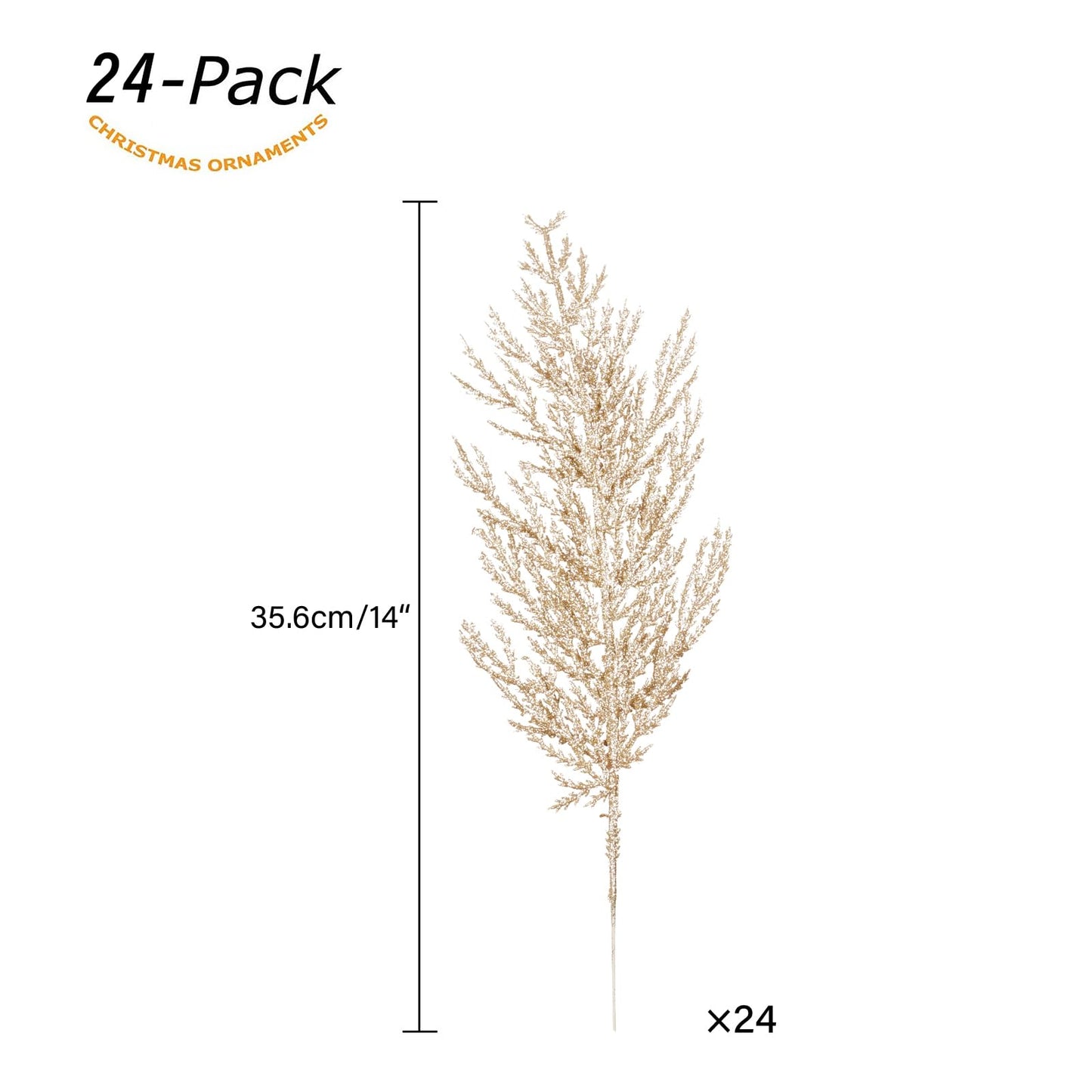 Christmas Glitter Stems 24pcs Artificial Pine Tree Picks for Christmas Tree Ornaments fillers, DIY Xmas Wreath, Crafts, Garland, Holiday, Party, Wedding and Home Decoration (Champagne Gold)