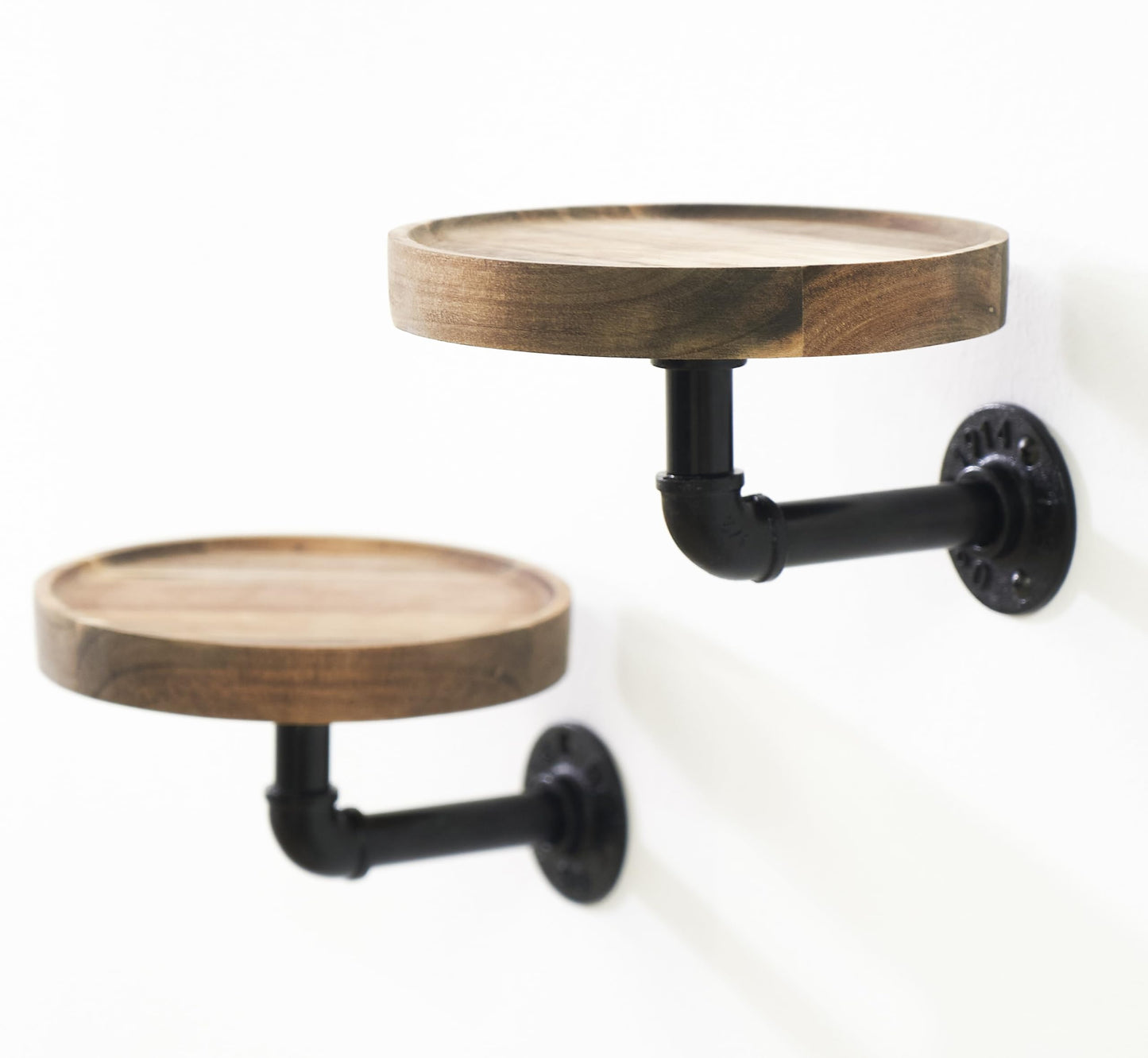 Un-OPENED BOX Round Wooden Floating Shelves Wall Mounted (Set of 2). Made of Acacia Wood. Industrial Pipe Brackets. A Unique Rustic Pedestal for Plants and Ornaments. Diameter 7.1 inches.