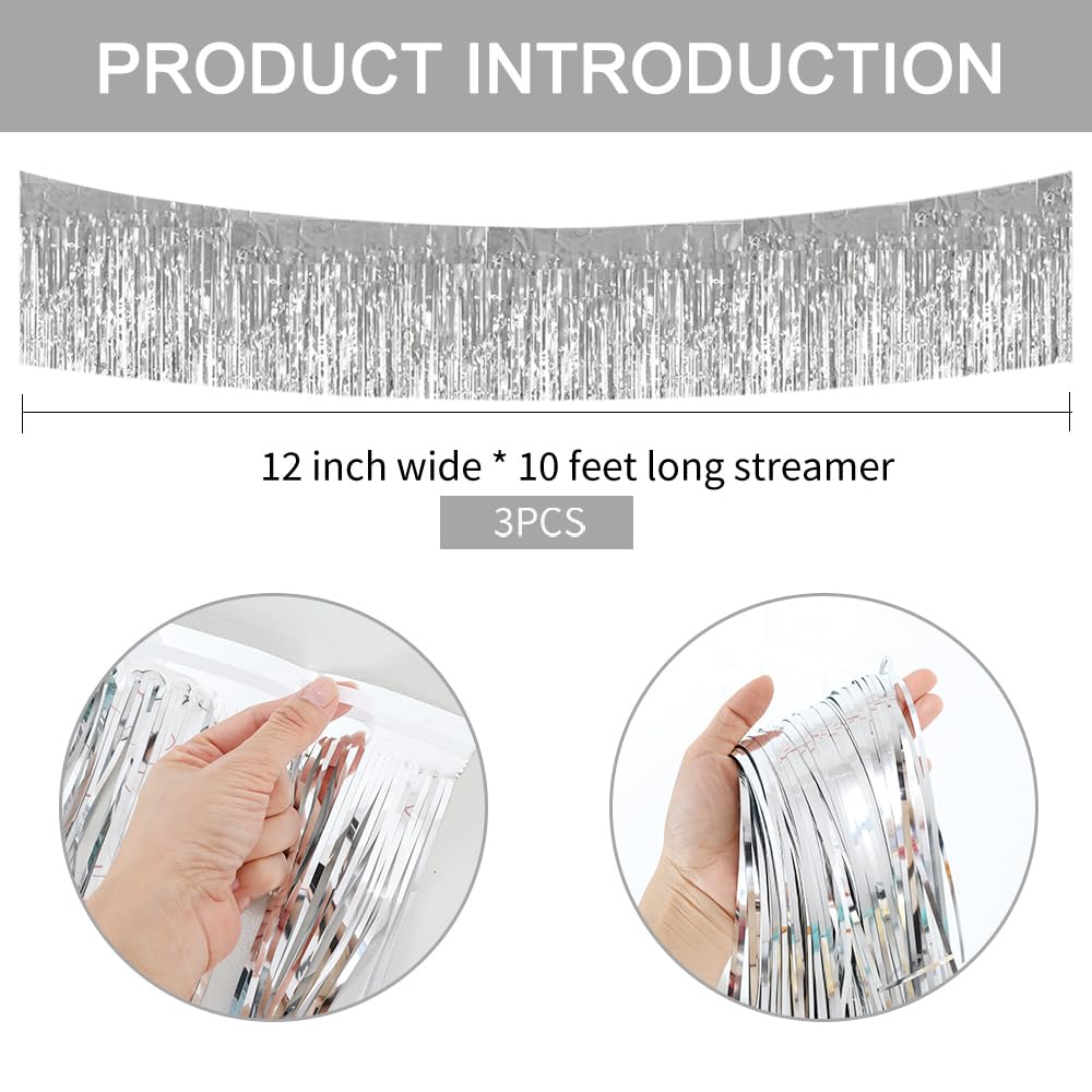 BEISHIDA 3 Packs 30 Feet Metallic Foil Fringe Garland Tinsel Streamers，Shiny Silver Wall Hanging Tinsel Fringe Banners for Wedding Birthday Party Decoration Halloween Christmas New Year