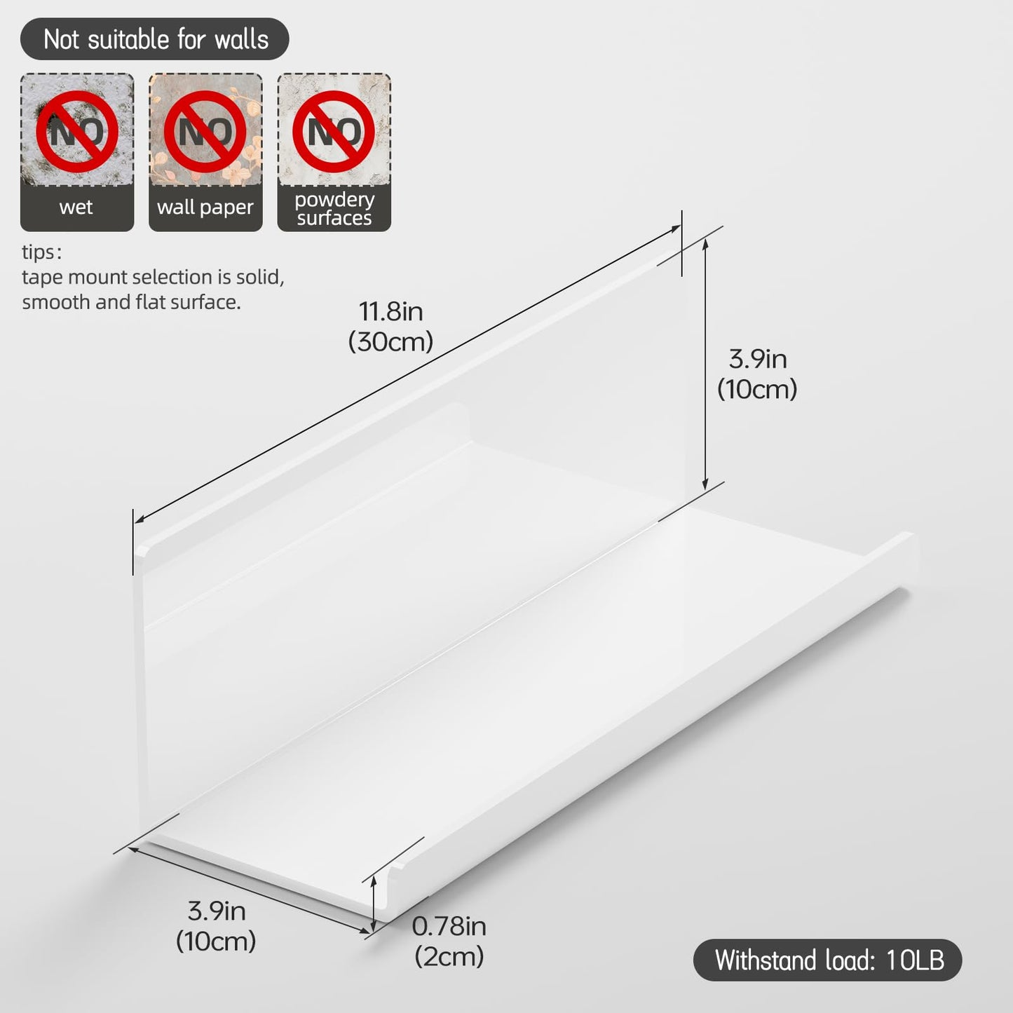 PAVSTINE Acrylic Wall Floating Shelves Set of 2, Wall Shelves White 12 Inch Adhesive Wall Organizer Adhesive Shelf for Bathroom, Kitchen, Bedroom, Office, Gaming Room, No Damage, No Drill