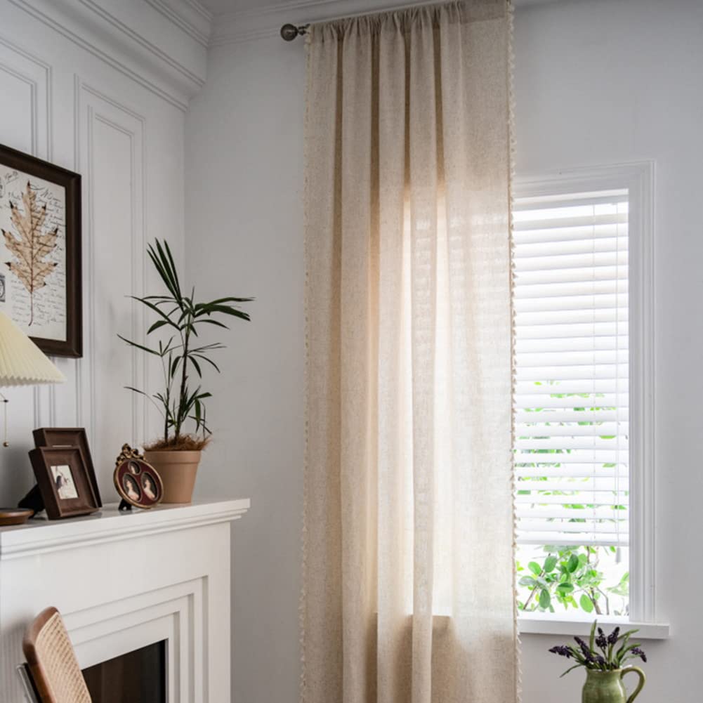 AMZALI Cotton Linen Textured Curtains with Tassel Semi-Blackout Drapes Farmhouse Window Curtain Panels Rod Pocket Curtain for Living Room Bedroom One Panel 84 Inch Length