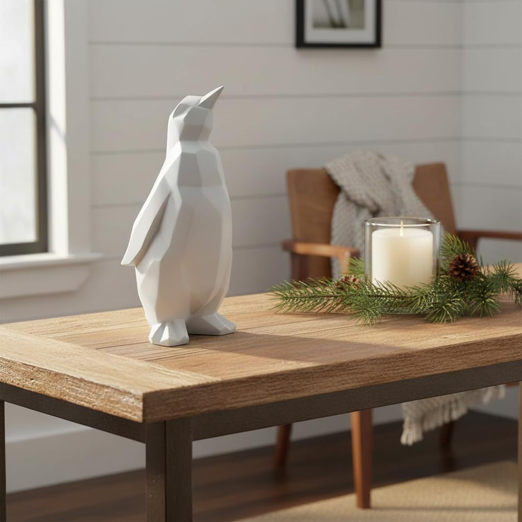 Comfy Hour 7" Modern Penguin Figurine, Scandinavian Animal Decor, Minimalist Geometric Statue for Home Office, White Polyresin Artisan Crafted Sculpture, 1 Unit