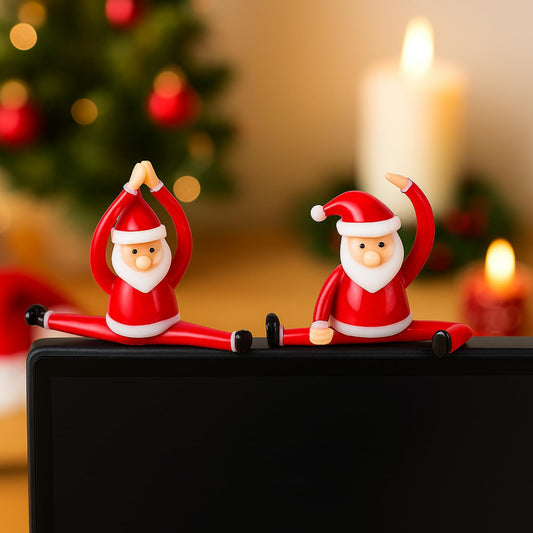 Teecyhooo 2 Pcs Christmas Mini Santa Claus Decorations Glass Yoga Santa Figurines Ornament Funny Christmas Table Sign for Employee Home Office Tabletop Desk Computer Monitor Gift
