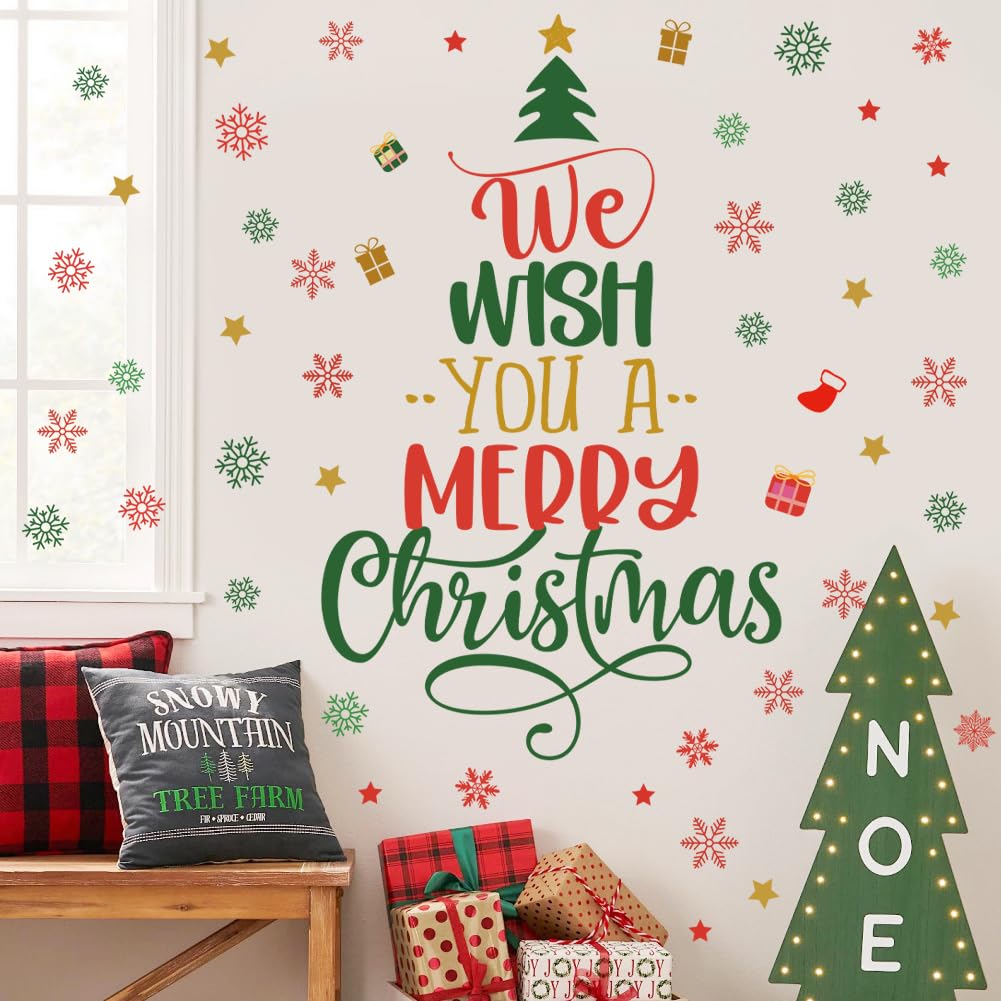 Christmas Tree Wall Decals Merry Christmas Quotes Wall Stickers Xmas Tree Snowflake Wallpaper Christmas Decorations Peel and Stick Removable Vinyl Wall Art for Bedroom
