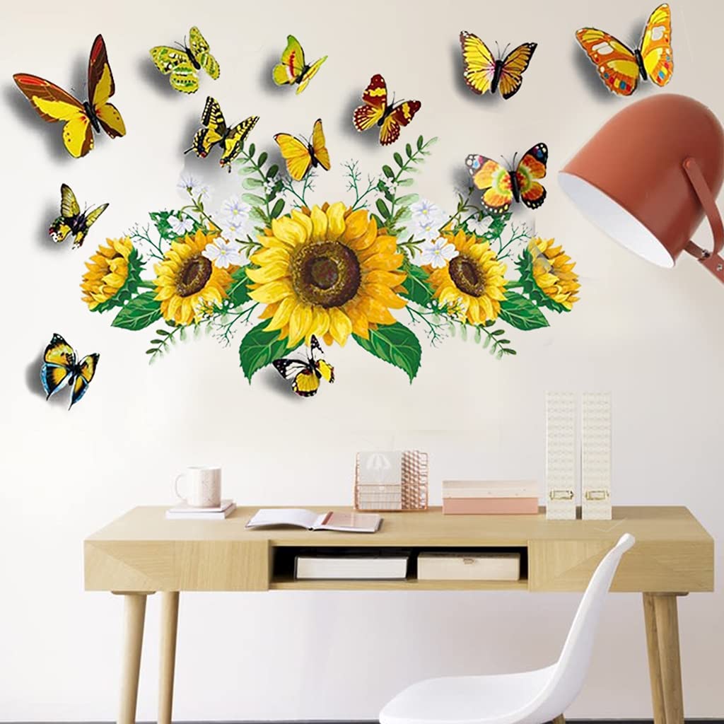 Sunflower Wall Stickers with 3D Butterfly Wall Sticker, Yellow Flowers Wall Decal,SPRT Waterproof and Removable, Sunflower Wall Stickers for Bedroom Living Room Bathroom Décor