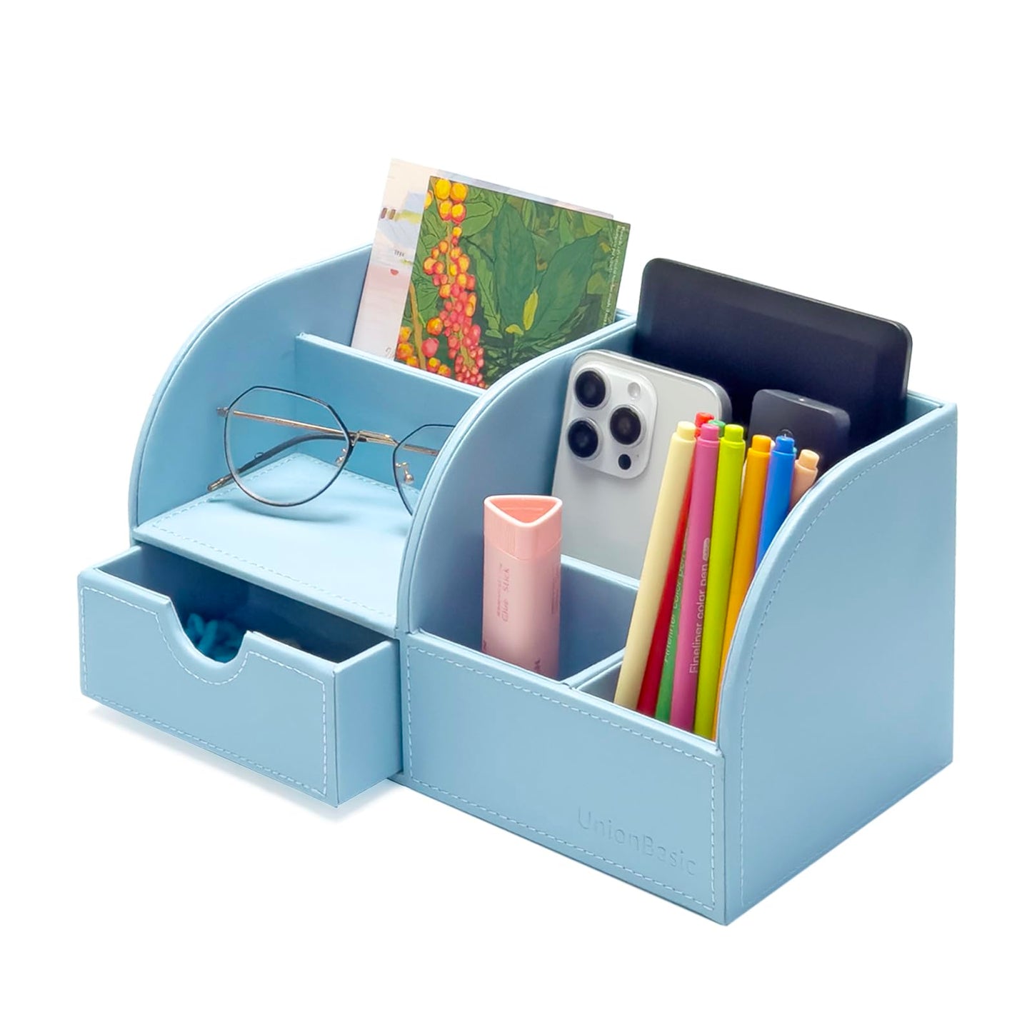 UnionBasic Desk Organizer - Multifunctional Leather Desktop Pen Holder Storage Box - Business Card/Pen/Pencil/Mobile Phone/Stationery Holder, Blue