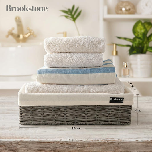 Brookstone Wicker Storage Basket Two Pack Set, Bathroom and Closet Organizers and Storage Bins with Fabric Liner, Grey