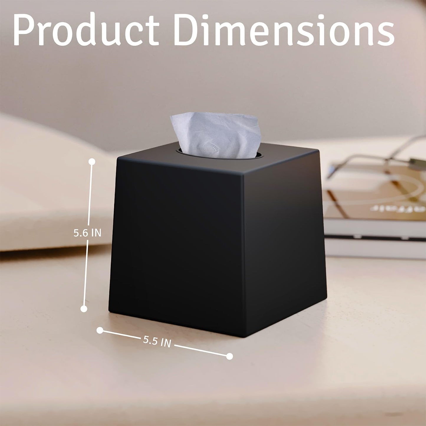Creative Scents Black Tissue Box Cover Square - 1 Pack Plastic Cube Tissue Holder Dispenser - Decorative Facial Tissue Box Holder for Living Room, Office Desk - Vanity Countertop (5.5" x 5.5" x 5.6")