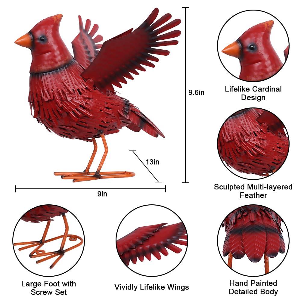 hogardeck Cardinal Garden Decor Outdoor Statues, Large Metal Red Bird Standing Yard Art, Lawn Sculptures Ornaments for Outside Patio Backyard, Holiday Sympathy Gifts for Grandma Mom