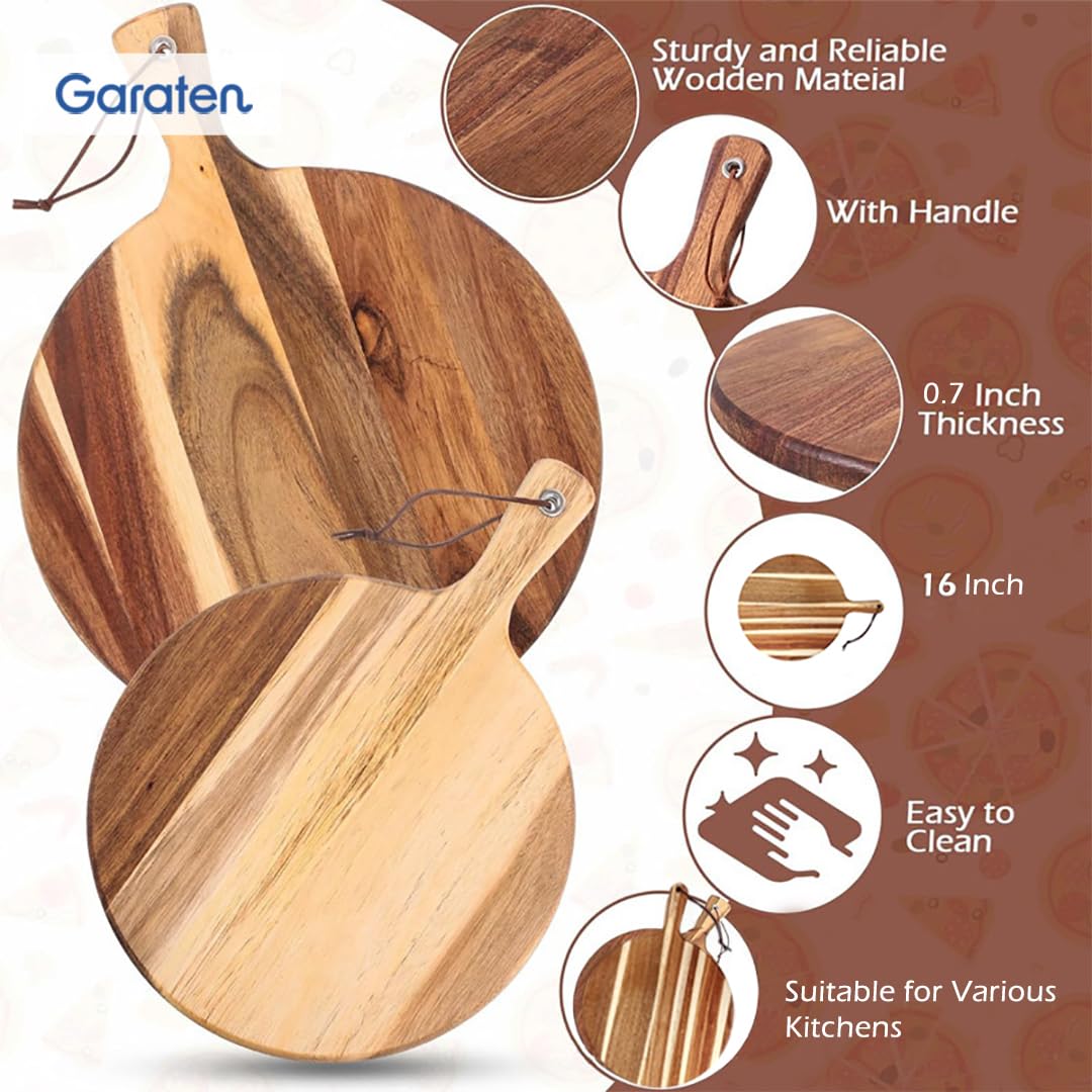 Garaten Round Acacia Wood Cutting Board with Handle - 12 Inch Wooden Charcuterie Board and Serving Platter - 0.7" Thick Acacia Wood Chopping Board for Kitchen with Leather Strap