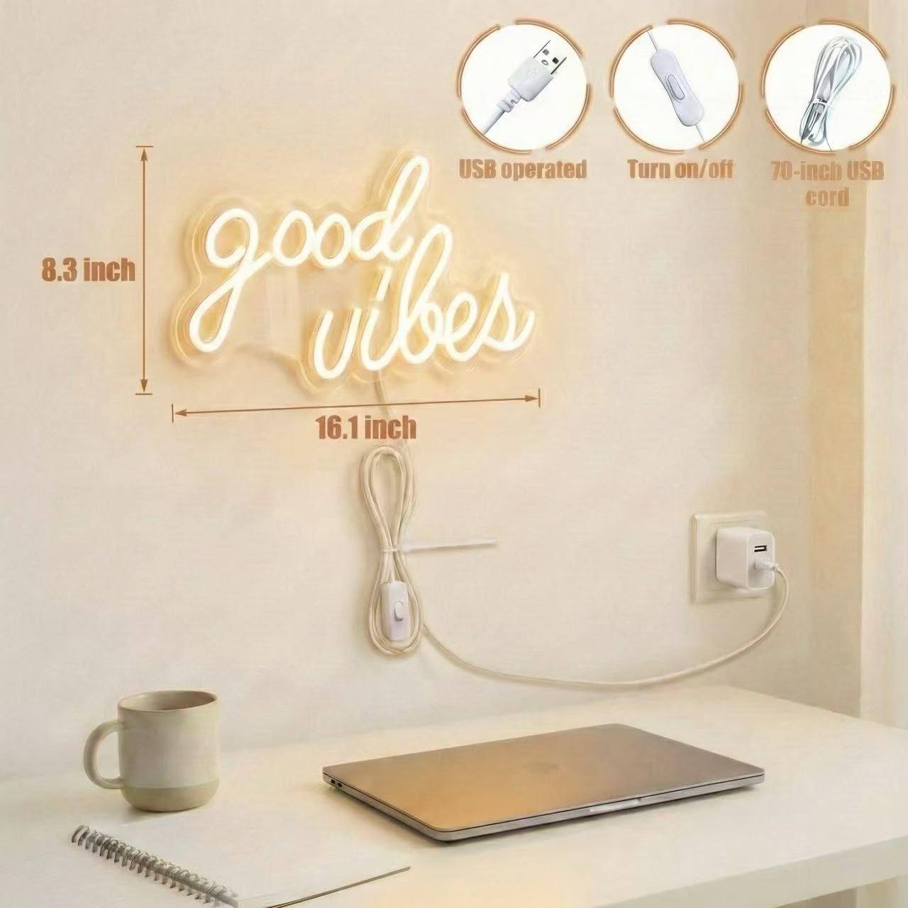 DECANIT Good Vibes Neon Sign Warm White, Boho LED Light for Wall Decor, Living Room, Wedding, Engagement Party, USB Powered 3D Art Holiday Gift, 16.1x8.3 Inch