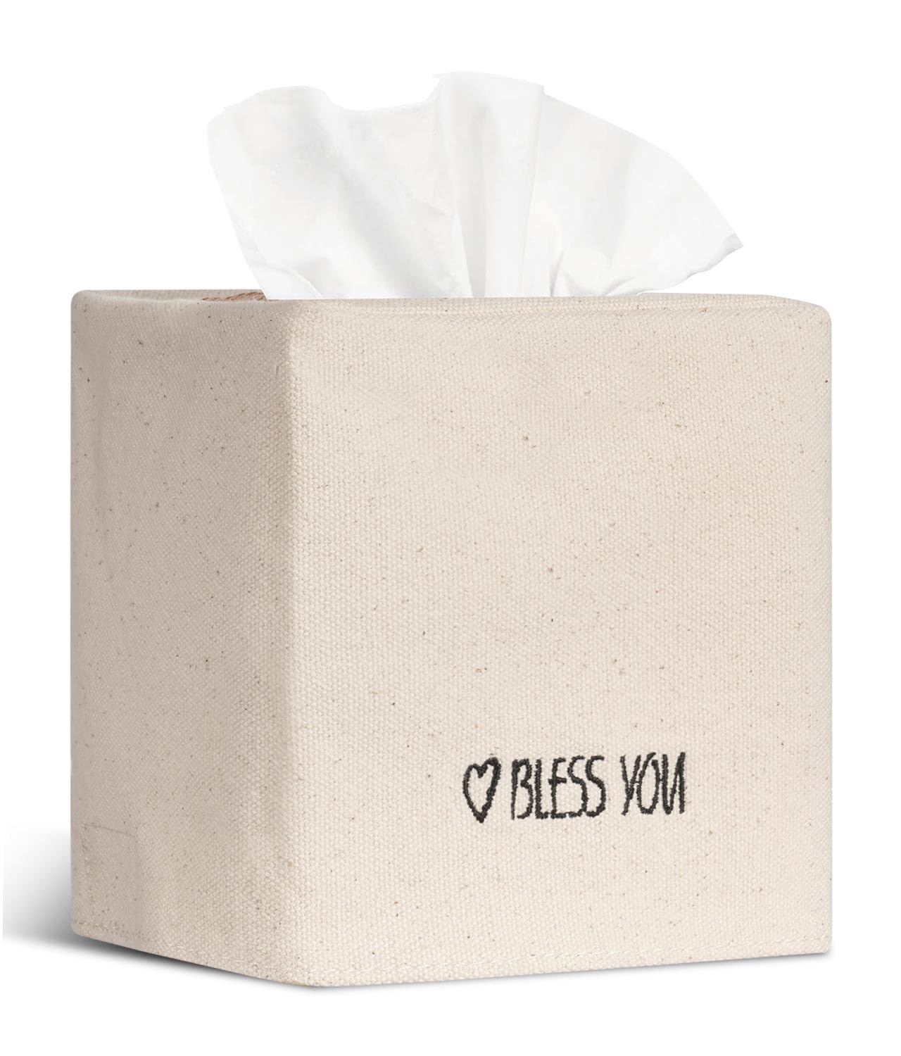 Livelab Tissue Box Cover Square, Chic Canvas Tissue Box Holder with Embroidery Text Decor, Stylish Tissue Case Facial Paper Cube Cover for Your Home, Officce and Bathroom | Ivory