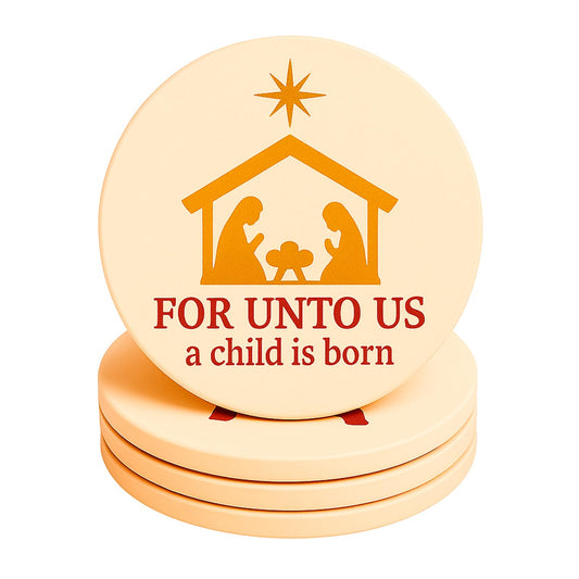 for Unto Us A Child is Born Nativity Scene Christmas Coasters Set of 4, Absorbent Ceramic with Non-Slip Cork Backing – Christian Religious Holiday Drink Coasters for Coffee Table, Home, Church Decor
