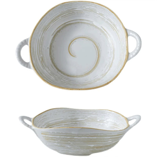 Handcrafted Ceramic Bowl with Handles – 7.7” Free-Form Edge Irregular Bowl Opening, Embossed Spiral Pattern, 700ml – Multipurpose Serving & Decor – Oven, Microwave, Dishwasher Safe