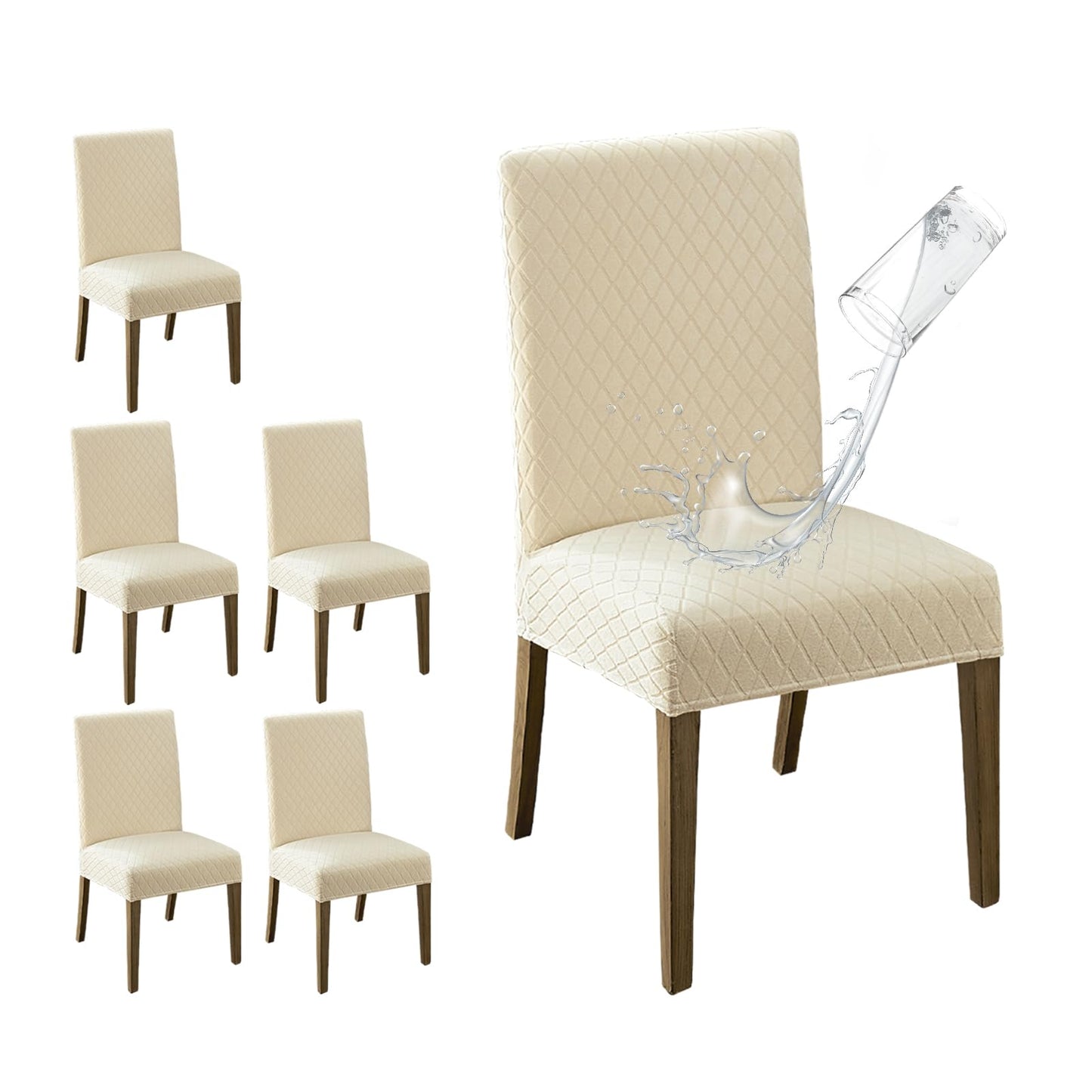 MOSAYT 100% Waterproof Dining Room Chair Covers Set of 6, Super Fit Stretch Jacquard Parson Chairs Slipcovers Removable Washable Chair Seat Protectors for Home, Kitchen, Banquet (Beige)