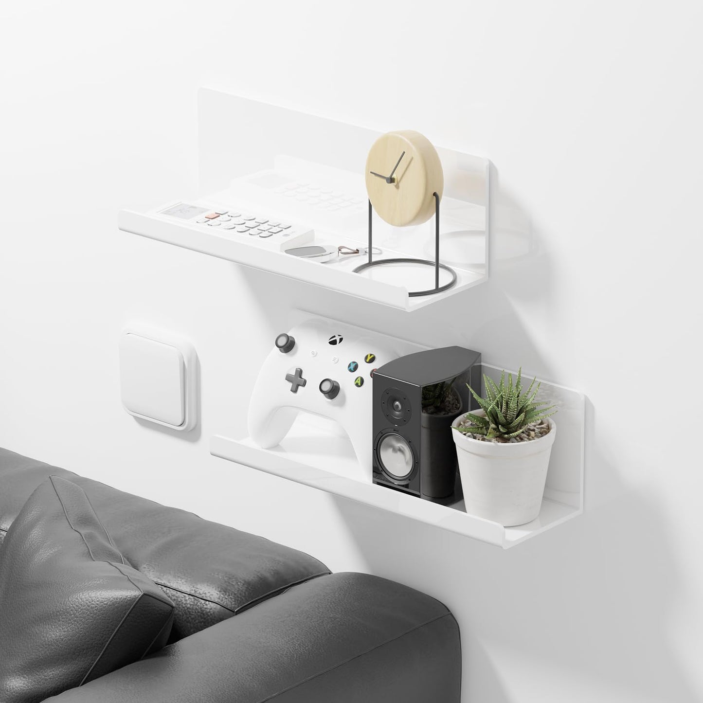 PAVSTINE Acrylic Wall Floating Shelves Set of 2, Wall Shelves White 12 Inch Adhesive Wall Organizer Adhesive Shelf for Bathroom, Kitchen, Bedroom, Office, Gaming Room, No Damage, No Drill