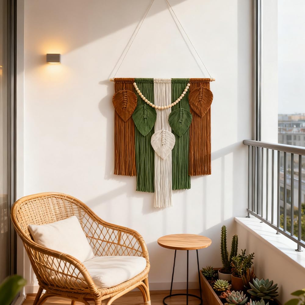 Jditngp Macrame Wall Hanging Boho Leaf Woven Tapestry,Bohemian Chic Home Decor Handmade Leaves Feather Tassel Wooden Bead Pendants Wall Art Decorations for Bedroom Living Room Apartment 23.6"WX43.3"L