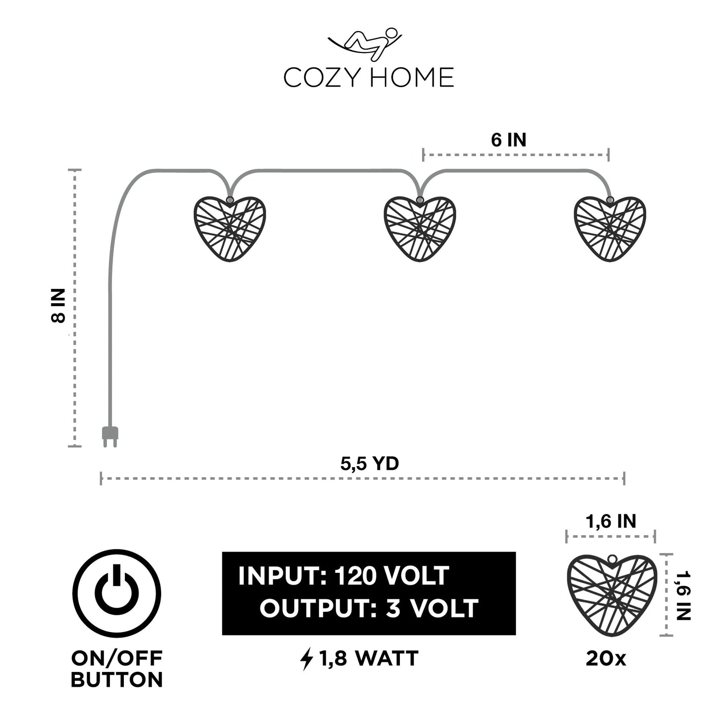 Cobus CozyHome Heart String Lights – 23 FT & 20 Warm White LEDs | Indoor | Christmas Fairy Lights Engagement Wedding Decoration Table Decoration Fairy Lights