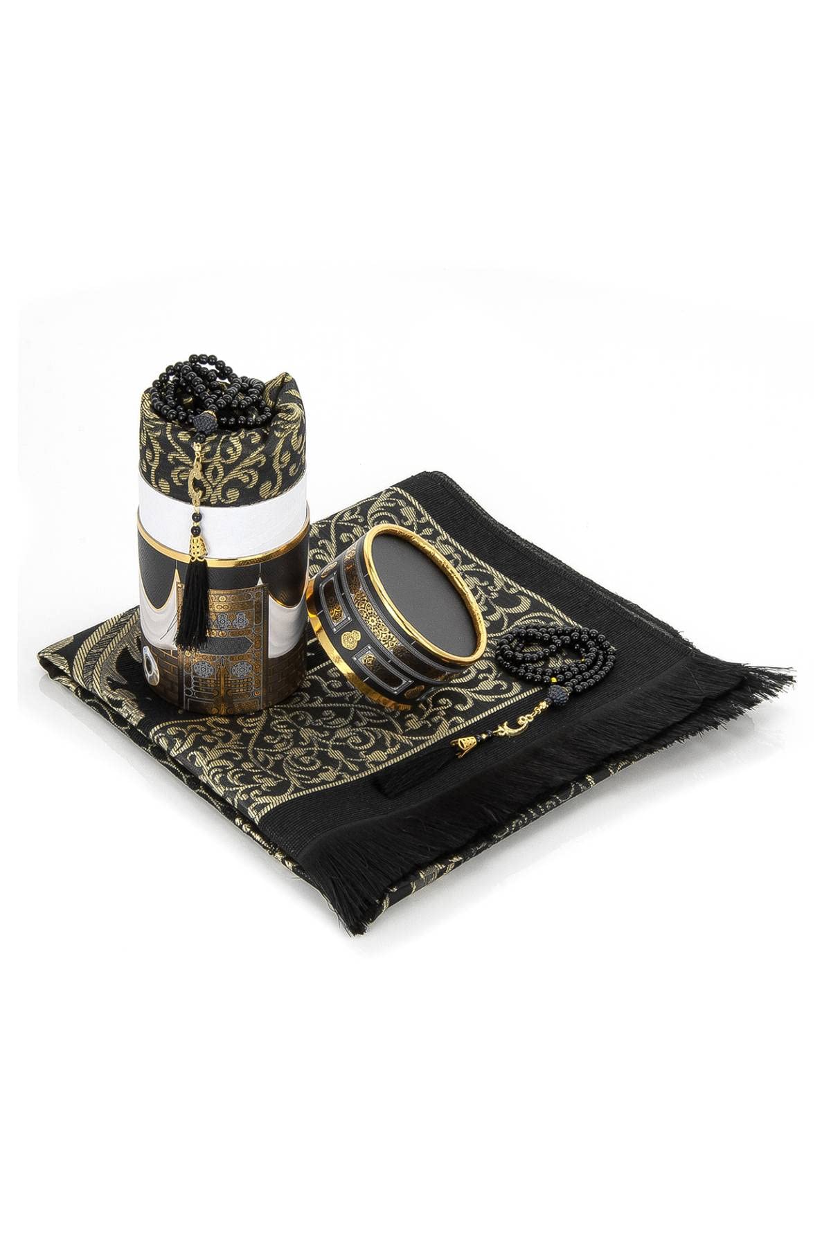 FURKAN Muslim Prayer Rug & Beads Set with Stylish Cylinder Gift Box Janamaz Sajadah Prayer Mat Perfect Islamic Spiritual Gift for Ramadan Islamic, Cylinder Gift Box - Model 2 - Black