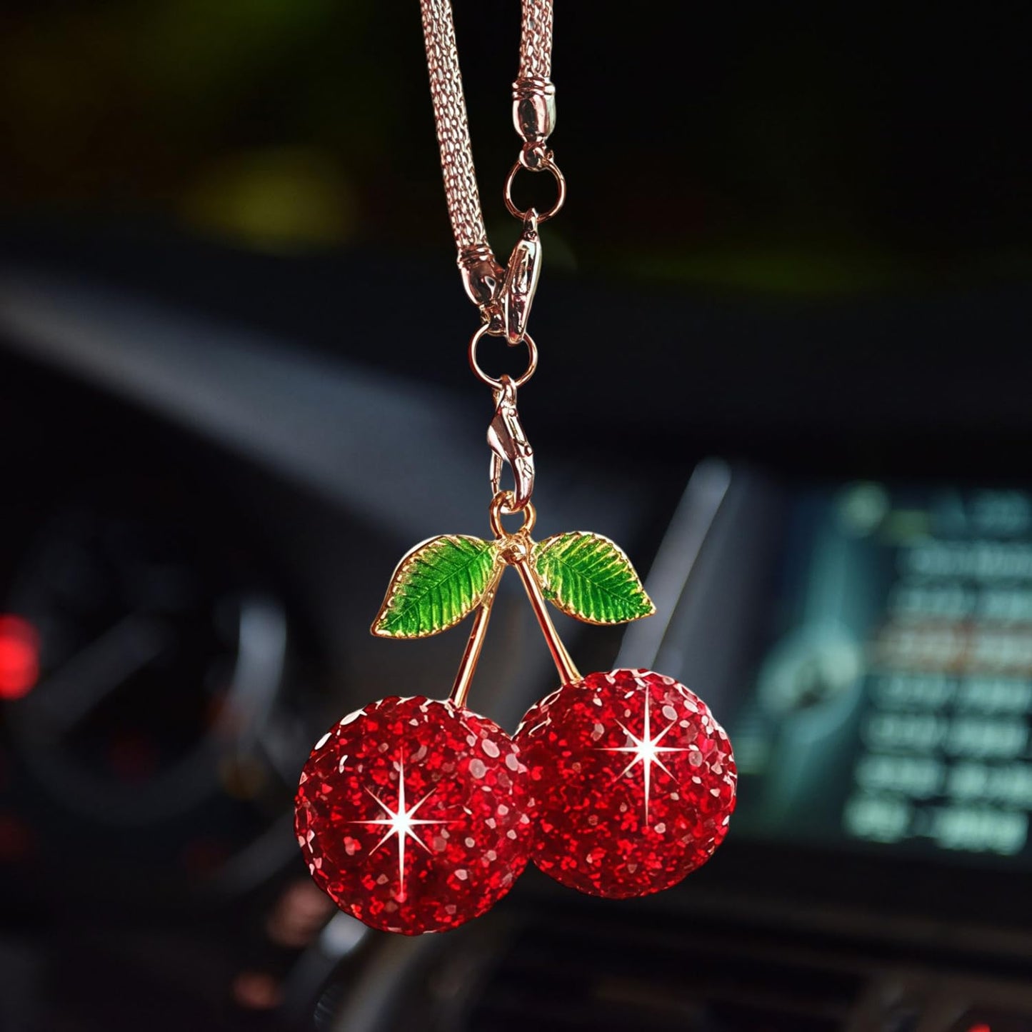 Bling Cherry Car Hanging Ornament, Cute Crystal Rear View Mirror Pendant, Sparkly Diamond Rearview Mirror Charms, Lucky Car Interior Decor Accessories (Red)