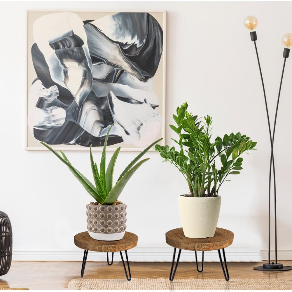 Plant Stand Indoor Outdoor, Wooden plant Stool, Mid Century Plant Stand for Indoor Plants, Wood Modern Plant Holder Rattan Flower, Low Short Boho Rustic Planter Stand Fit 5-15 Inch Pot(M)