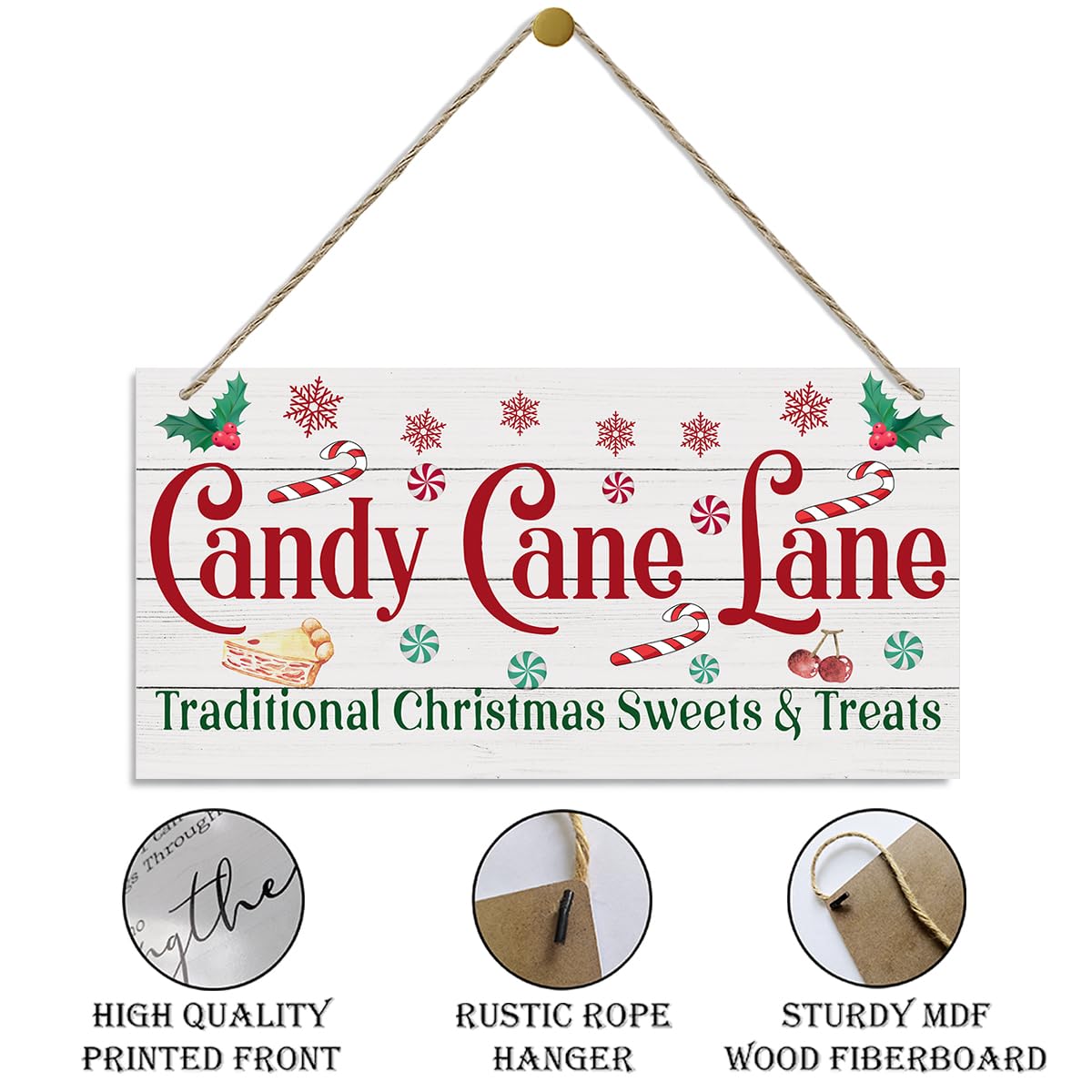 Christmas Decor, Decorative Wood Hanging Wood Plaque, Home Wall Decor Art, Christmas Sign for Kitchen Cafe Bar, Rustic Wooden Holiday Decor, Christmas Wall Decor With Rope, Candy Cane Lane