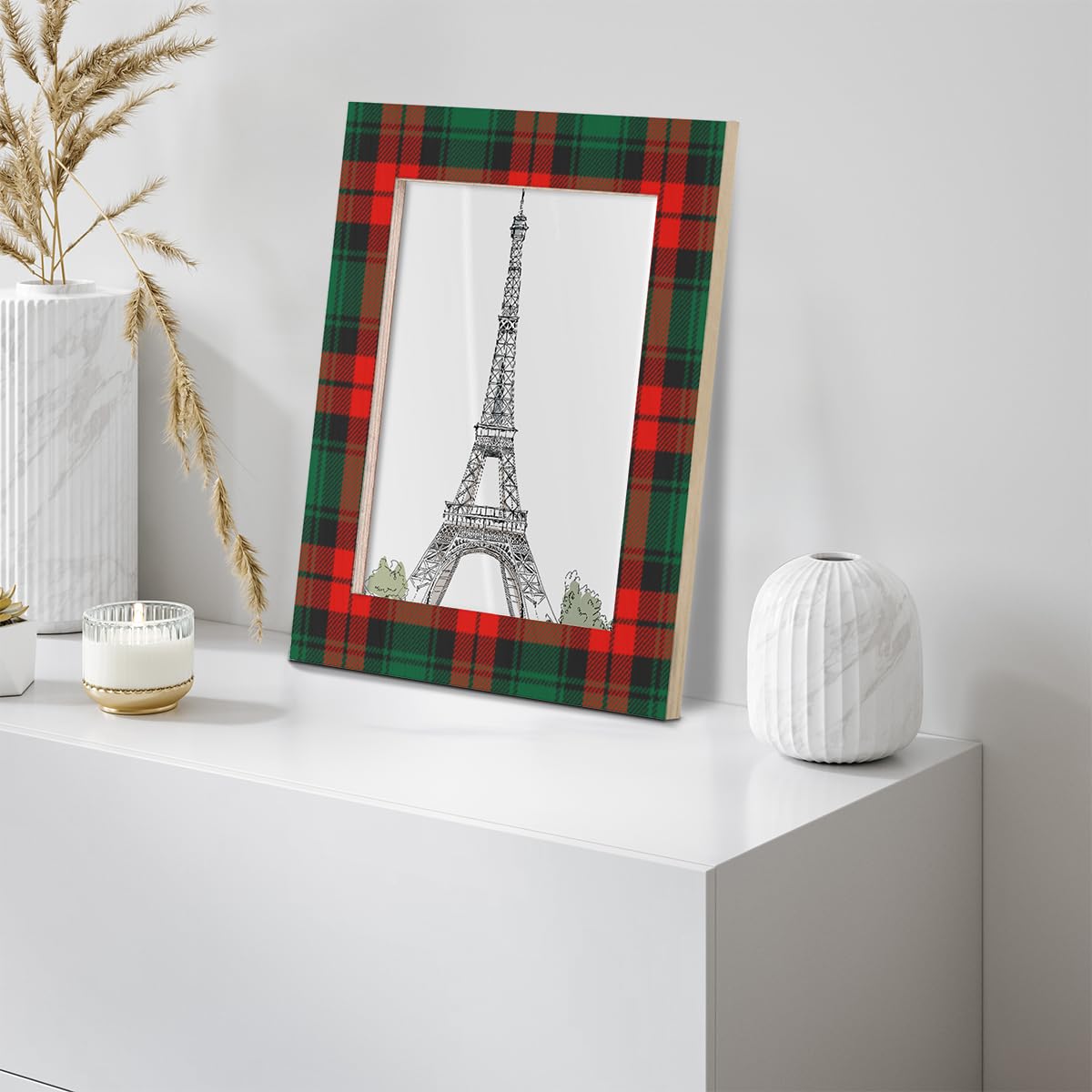 POFATO Christmas Plaid Pattern 5x7 Picture Frame Wooden Picture Frames for Wall Hanging & Tabletop Decor Display 5x7 or 5x5 Picture Collage Family Weddings Christmas Photo Frame for Gift