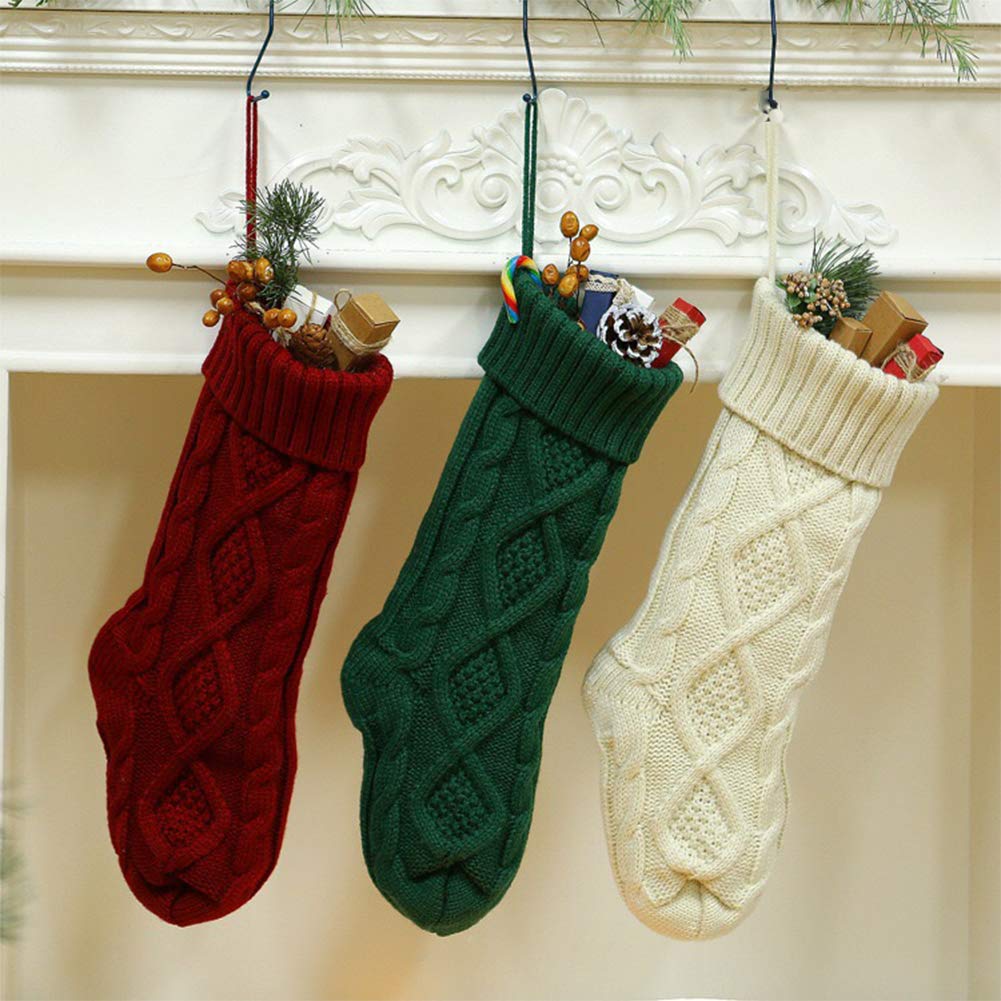 Meiosuns Christmas Stockings Cable Knit Stocking Christmas Decorations Goodie Bags Gift Fireplace Xmas Tree Stocking Ornaments for Holiday Family Friends (Green, Length 18",Pack of 1)